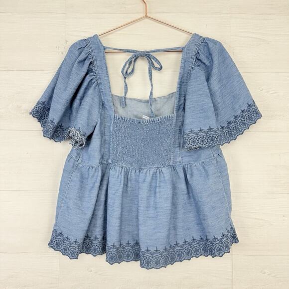 Old Navy Womens XL Chambray Flutter Sleeve Top Blouse Tie Back Boho Square Neck - Picture 7 of 15